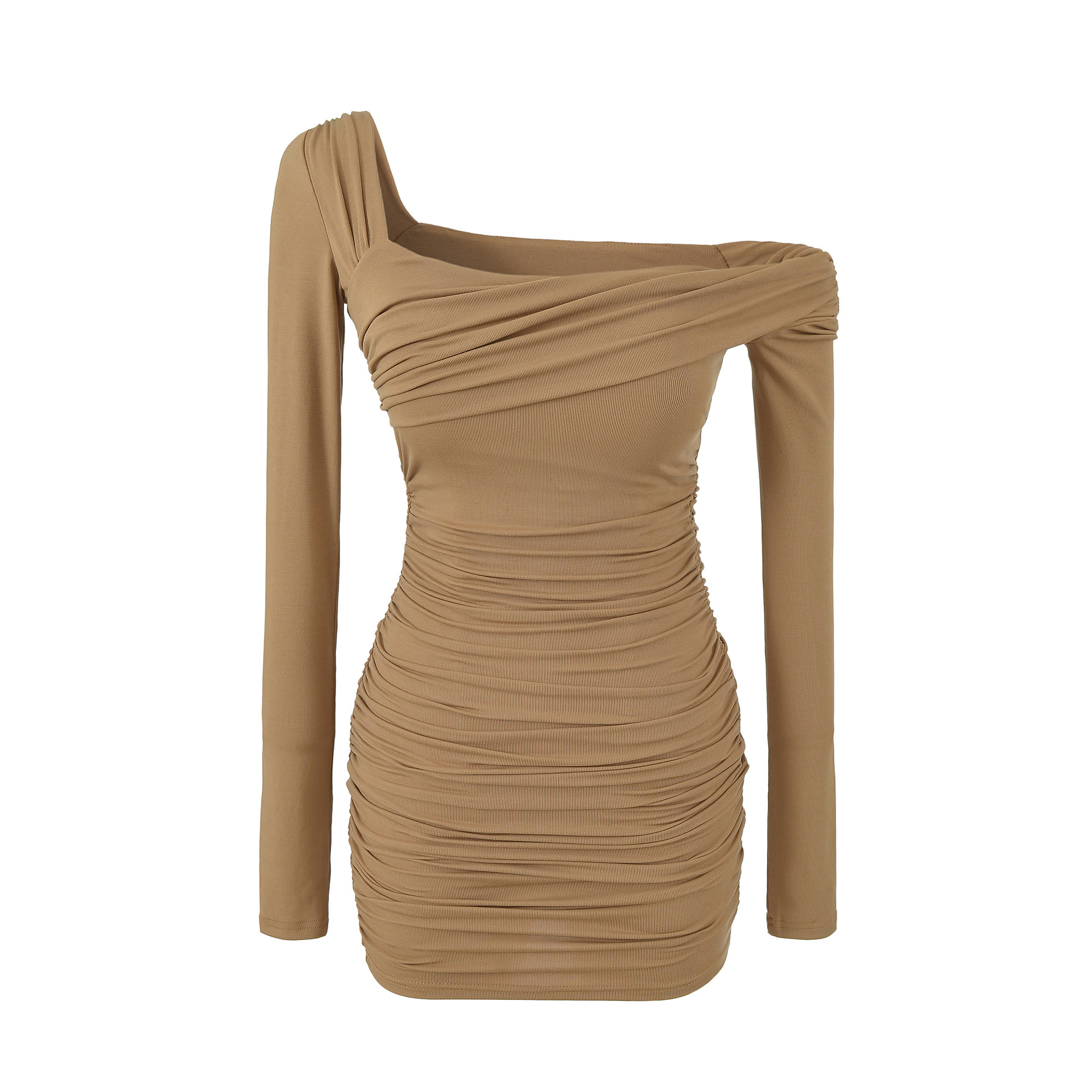 Robe courte moulante froncée à épaules dénudées et manches longues – Image 6