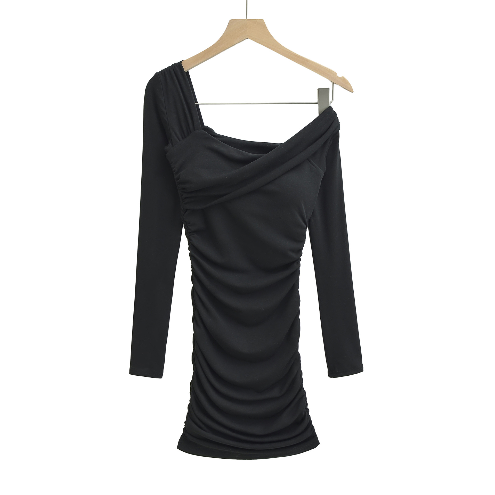 Robe courte moulante froncée à épaules dénudées et manches longues – Image 8