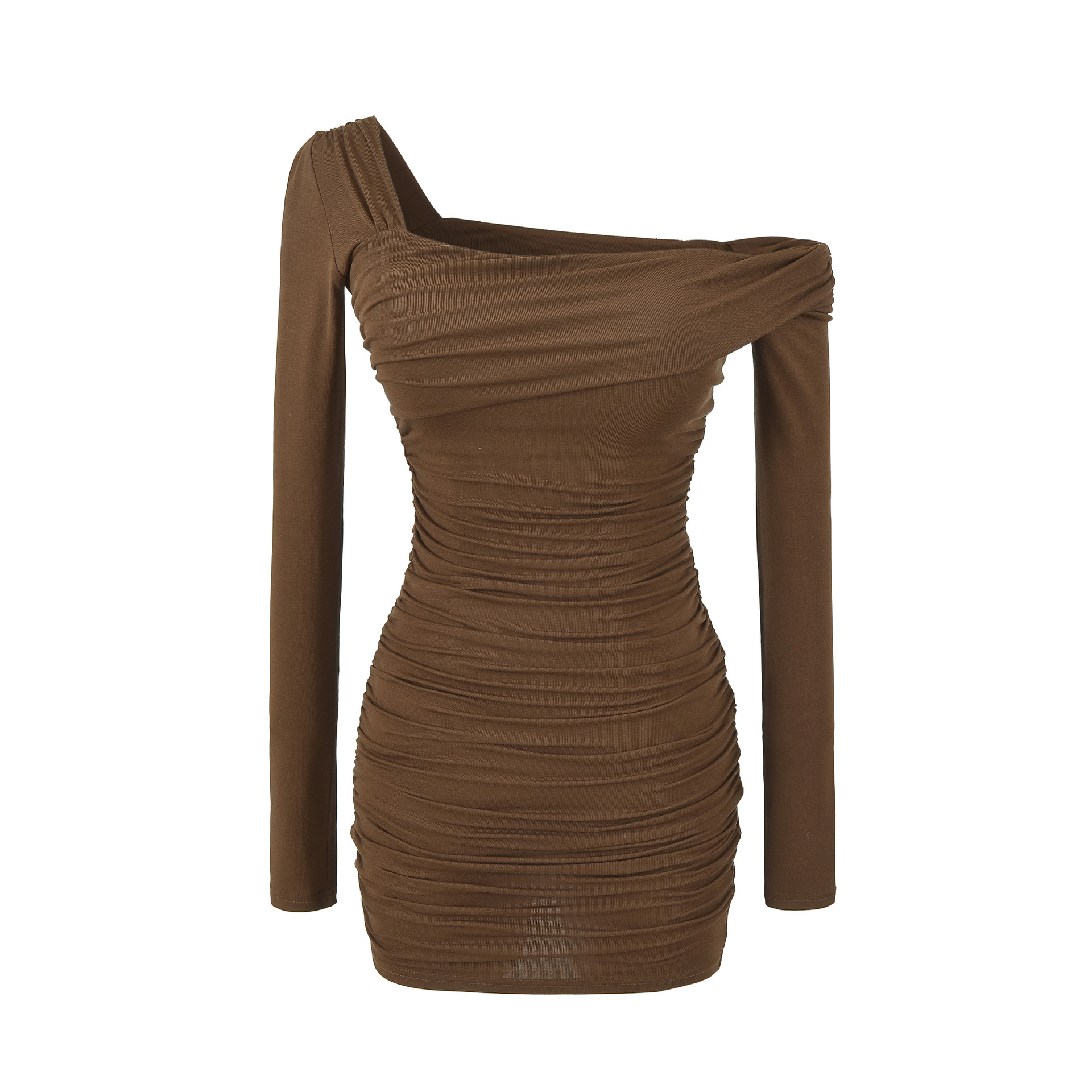 Robe courte moulante froncée à épaules dénudées et manches longues – Image 4