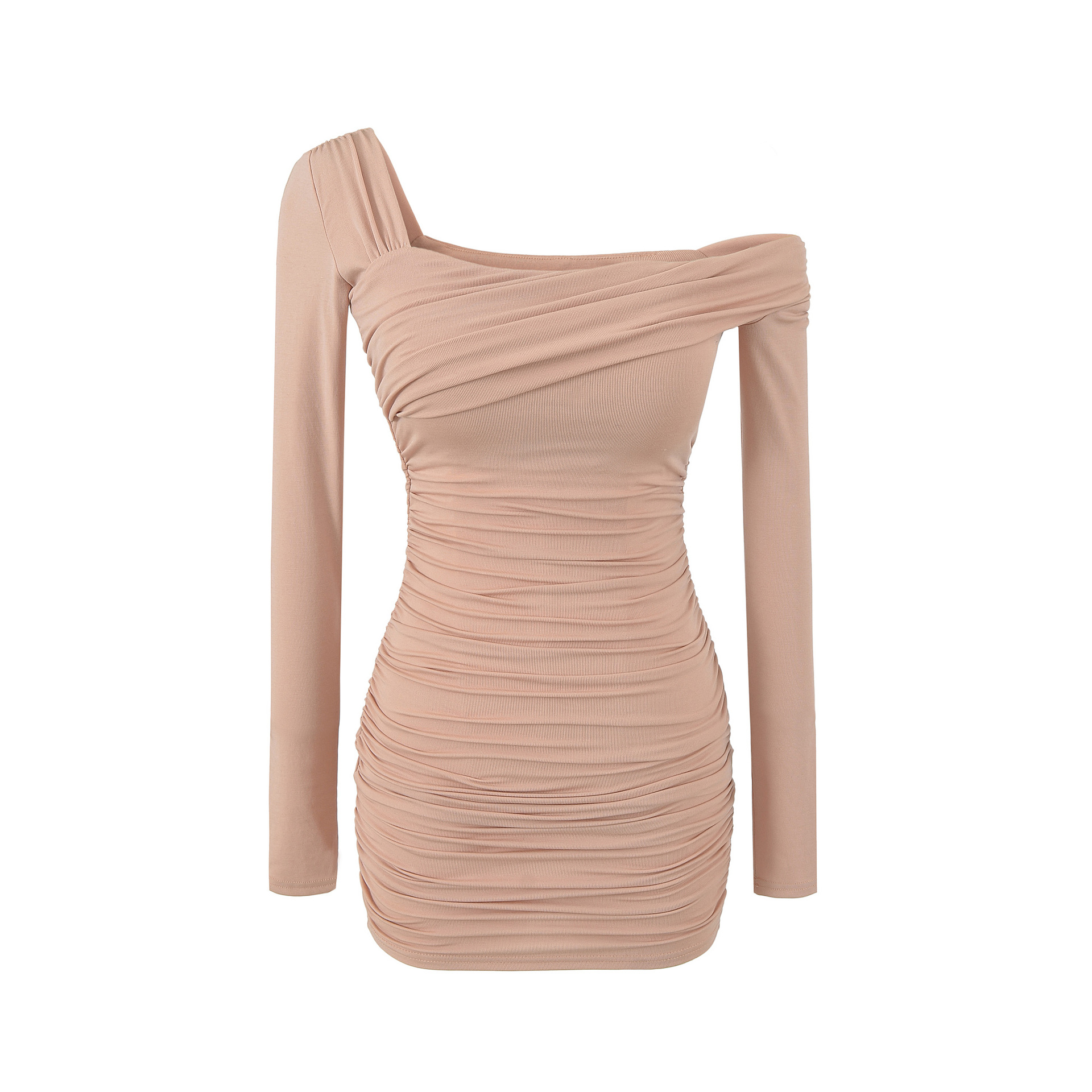 Robe courte moulante froncée à épaules dénudées et manches longues